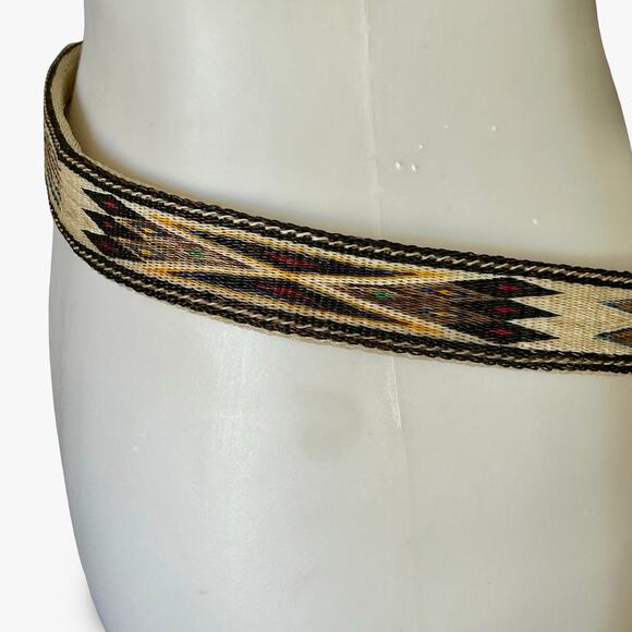 VTG 80s/90s Southwest Geometric Woven Leather Belt Heavy Brass Hardware main image 7